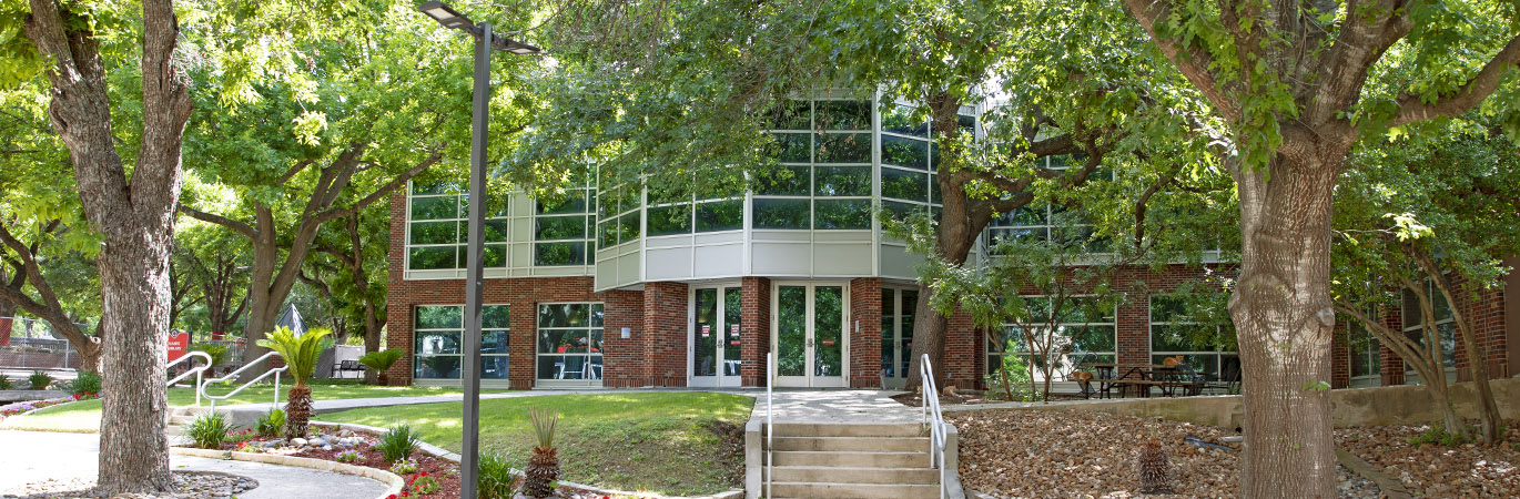 View of the front of the J.E. and L.E. Mabee Library
