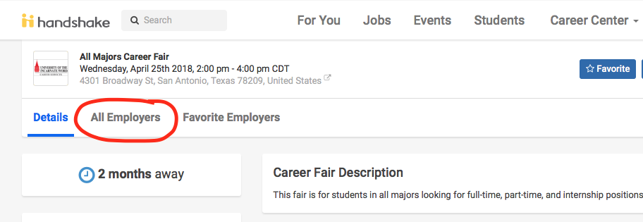 Screenshot of the Handshake "Event Details" screen with the "All Employers" button highlighted 