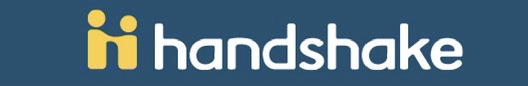 Handshake logo and white text.