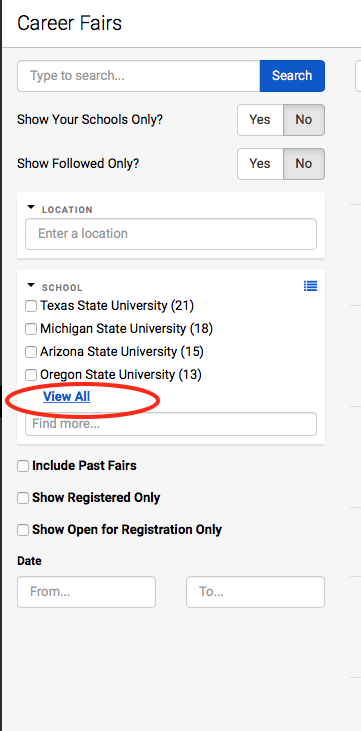Screen shot of the Handshake "Fairs" screen with the "View All" option highlighted 
