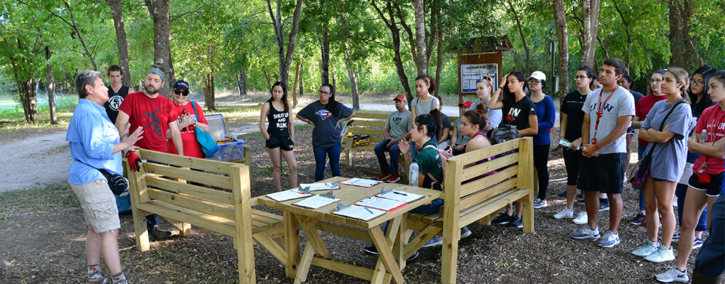 UIW volunteers stand in a group listening to instructions from a leader