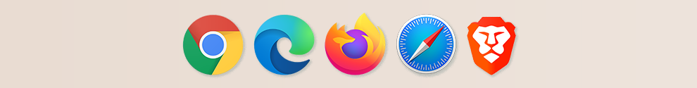 Decorative banner showing 5 logos of the most popular browsers: Chrome, Edge, FireFox, Brave, and Safari