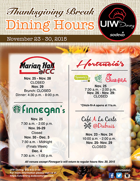sodexo uiw dining thanksgiving hours 2015