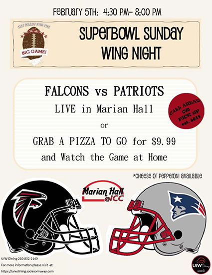 2017 uiw dining super bowl wings pizza