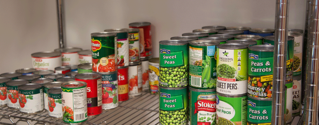 metal shelf with canned goods