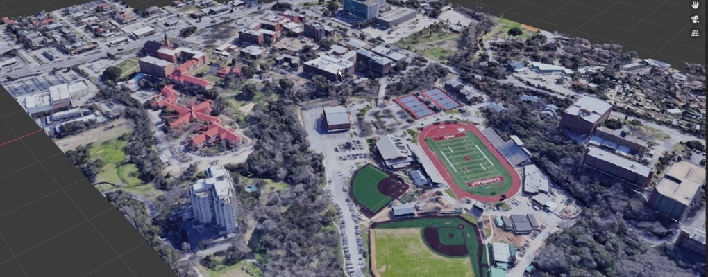 A doctored 3D aerial image of the UIW Broadway campus 