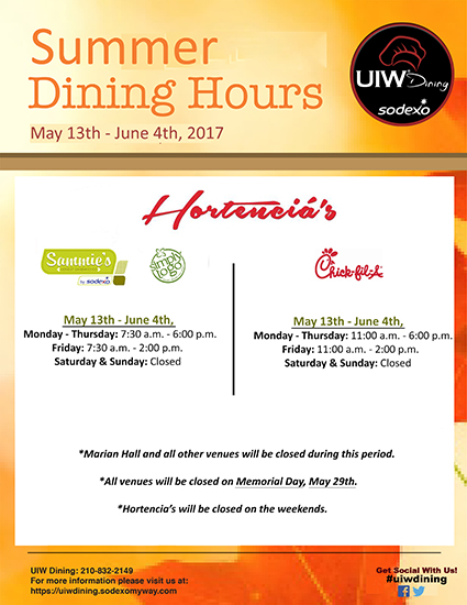 2017 summer 1 uiw dining schedule
