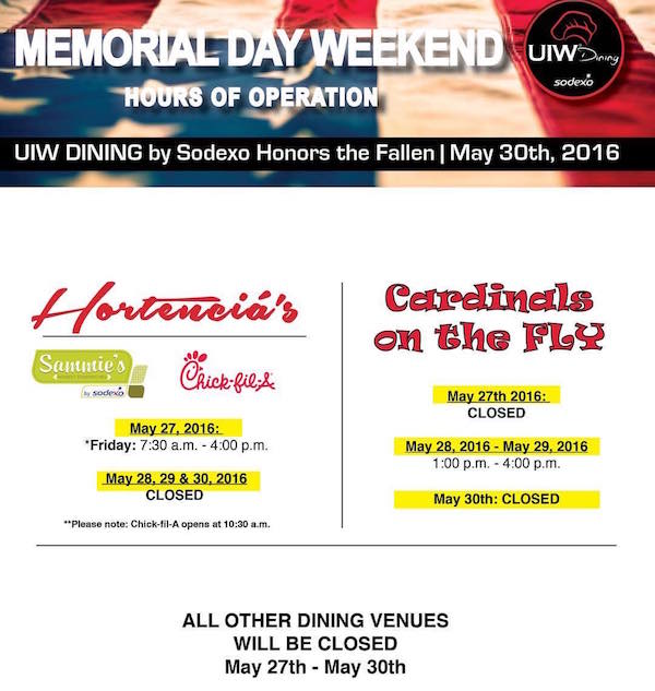2016 uiw dining memorial day hours