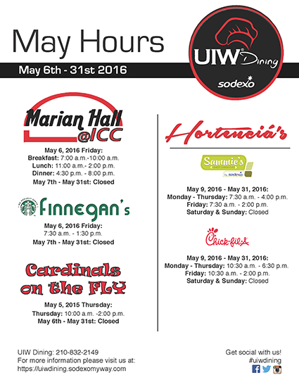 2016 may hours for uiw dining