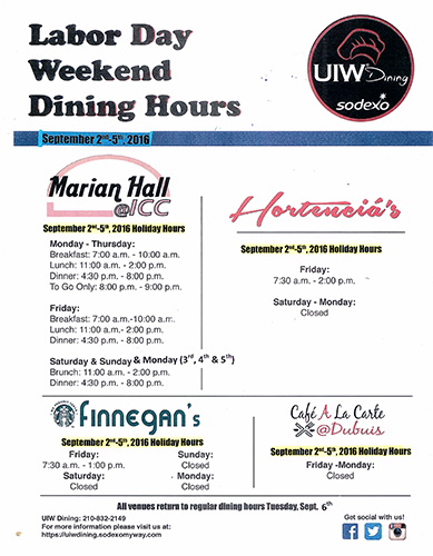 2016 uiw dining labor day weekend hours
