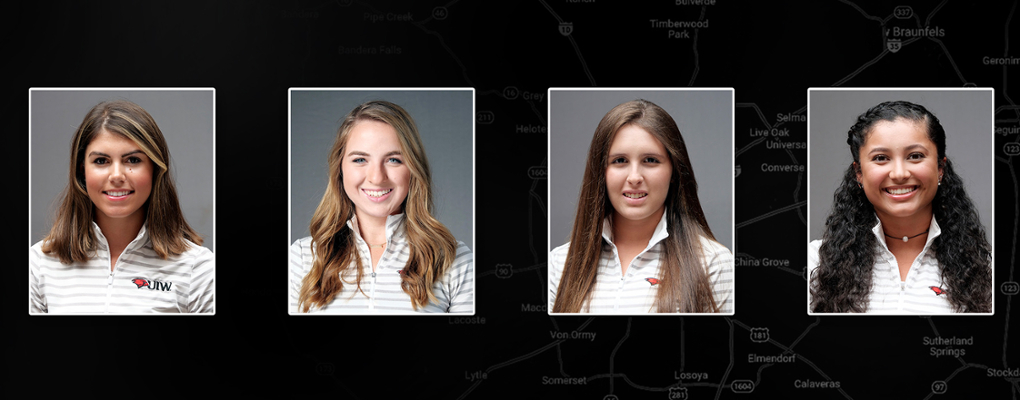 Headshots of UIW golf players, Gracie Aday, Charlotte Davis, Estefania Hurtado and Iliana Stowers