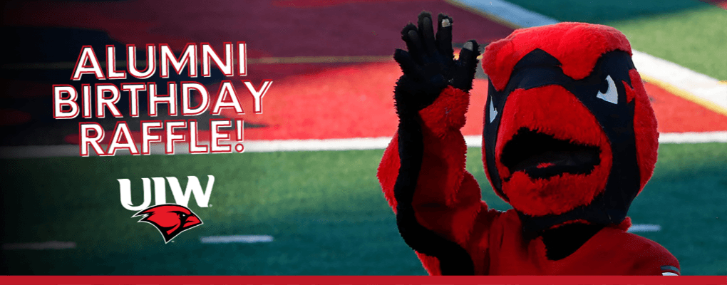 An image of a mascot with text that reads, "Alumni Birthday Raffle"