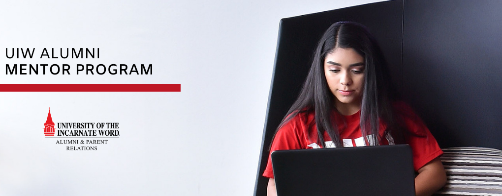 A UIW student uses a laptop with the text, UIW Alumni Mentor Program