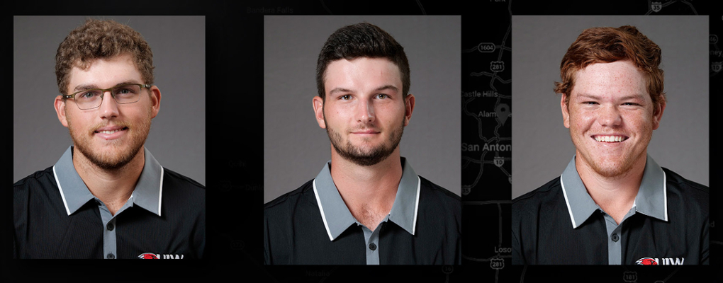 Headshots of three UIW students, Trevor Bailey, John Hill and Trenton Leffingwell 