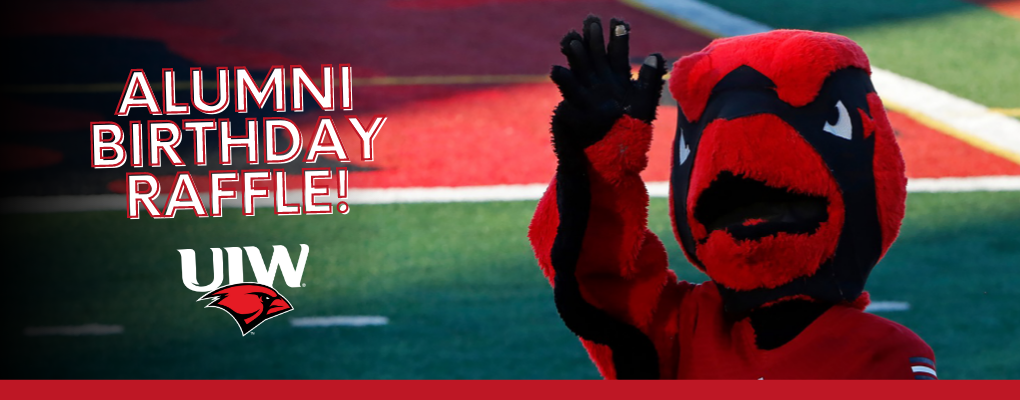 An image of Red the Cardinal with text that reads, "Alumni Birthday Raffle"
