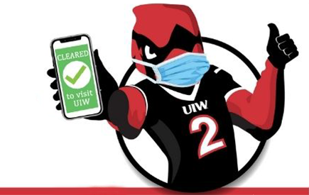 An illustration of Red the Cardinal in a face mask holding out a phone