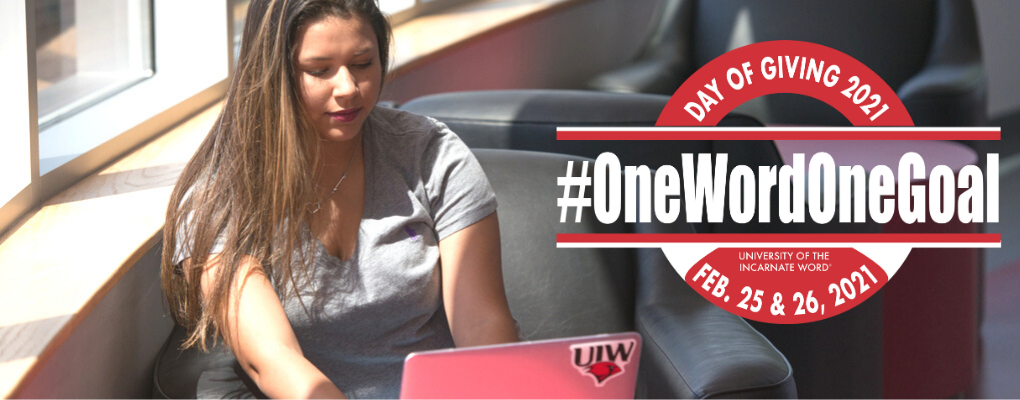 A student works on a laptop and the UIW Day of Giving logo 