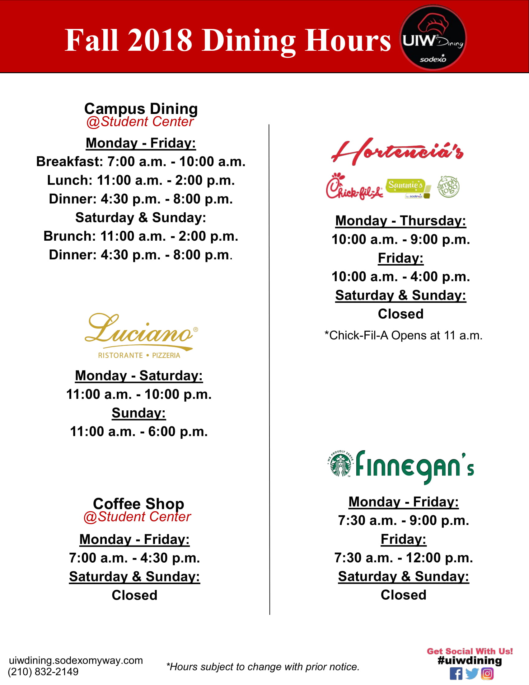 Fall Campus Dining Hours UIW 2018