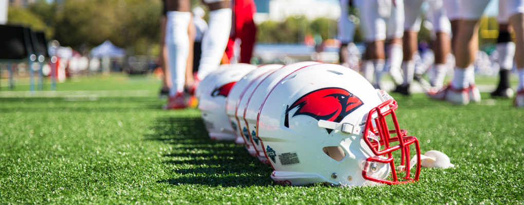 A row of football helmets on the football field