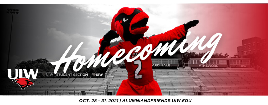 A banner image of Red the Cardinal with a text overlay that says, "Homecoming"