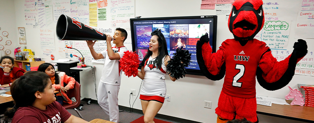 UIW Spirit cheers in classroom for students