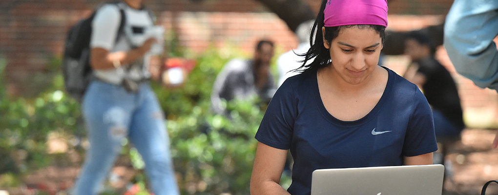 A student sits outside and looks at her laptop