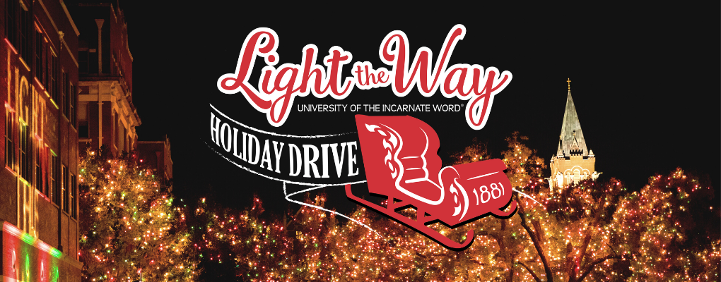 A banner that says "Light the Way Holiday Drive" over an image of Christmas lights
