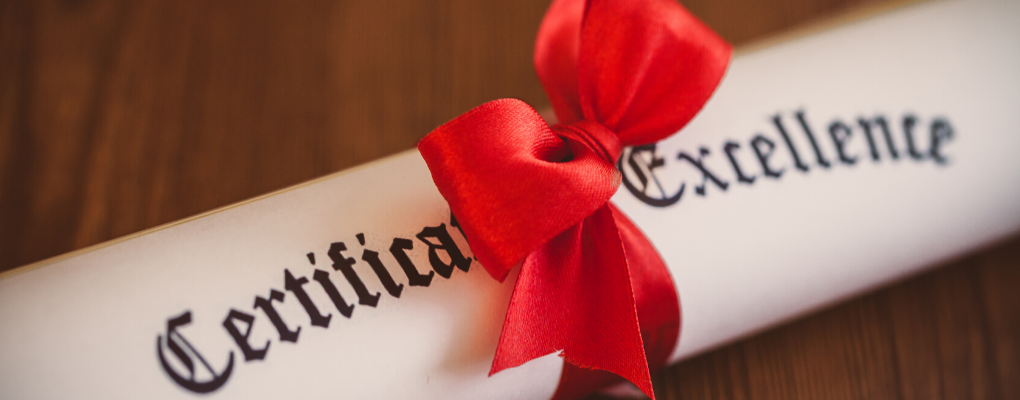 A rolled up certificate wrapped in red ribbon with the words "Certificate of Excellence" printed on it