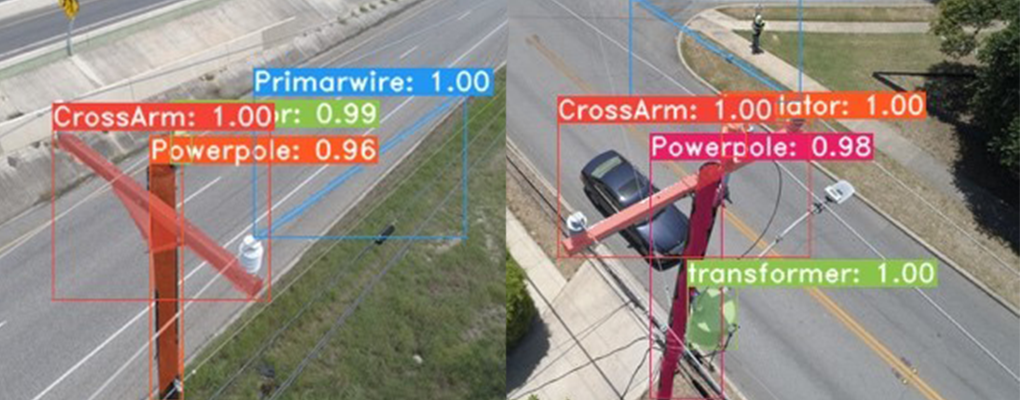 An aerial view of powerline detection system that recognizes various components and elements