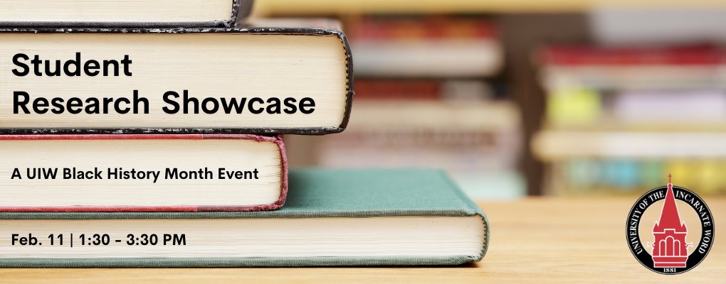 A stack of books with text Student Research Showcase, February 11, 1:30 - 3:30 p.m.