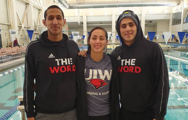 Three siblings pose for a photo together in front of a swimming pool