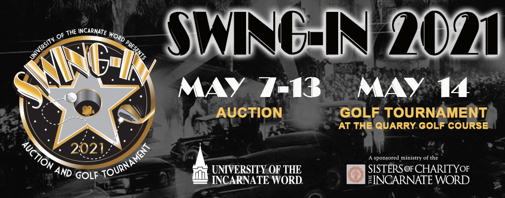 A banner that says Swing-In 2021 May 7 - 13 Auction and May 14 Golf Tournament