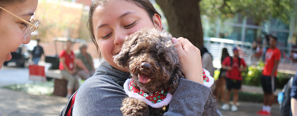 A UIW student holds a puppy 