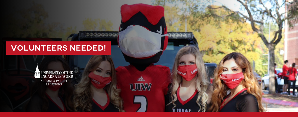 An image of a Cardinal mascot with cheerleaders that says "Volunteers Needed"