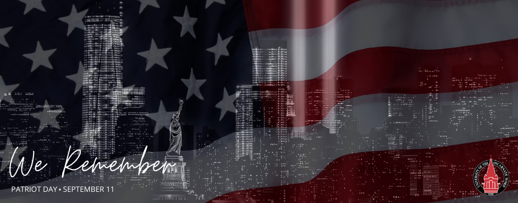 The NYC skyline with an American flag overlay