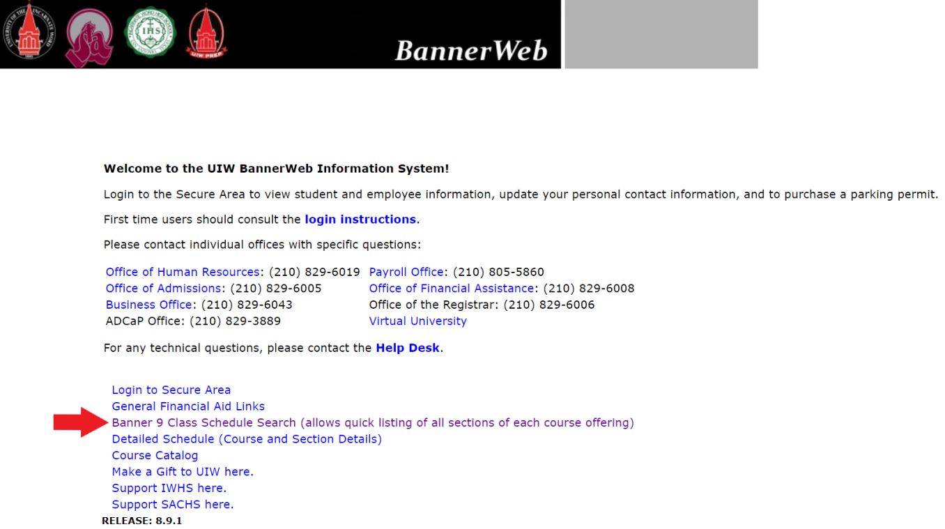 screenshot of bannerweb page pointing out the location of the Banner 9 Link
