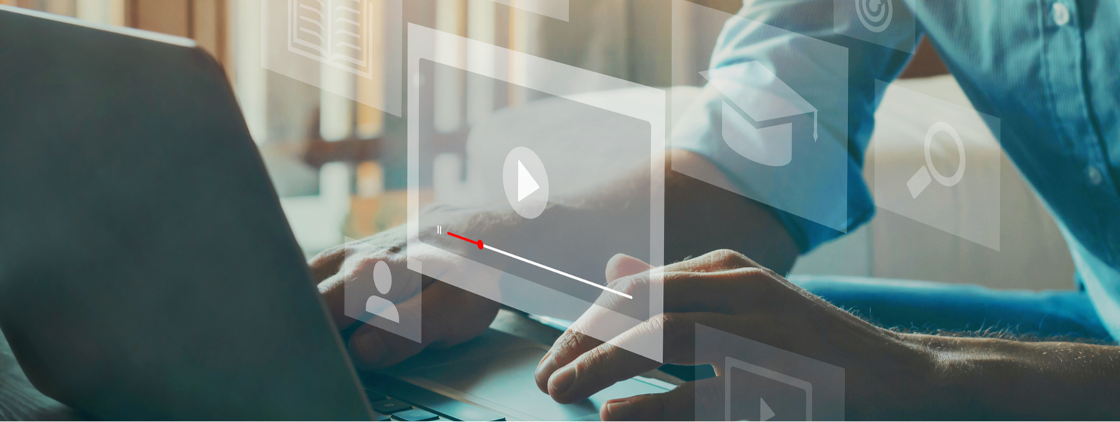 Person using laptop with tech icons overlaid