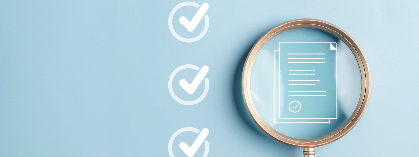 checkmarks and a magnifying glass over a document